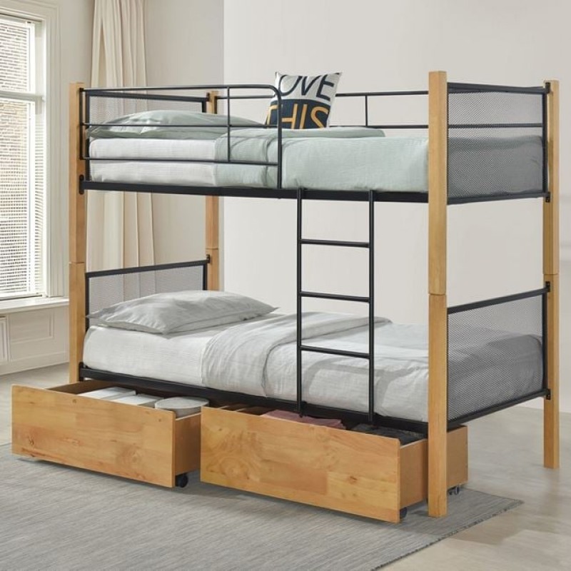 NET Κρεβάτι Κουκέτα με 2 Συρτάρια 94x47x30cm, Μέταλλο Βαφή Μαύρο-Ξύλο Φυσικό Κωδικός: [Ε-00024881] Ε8039