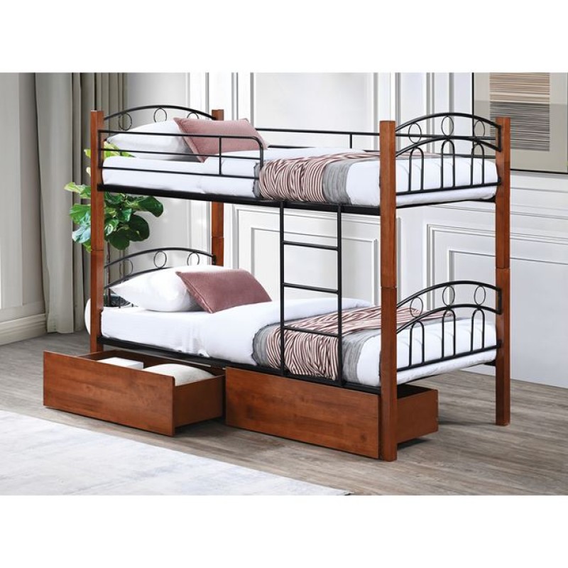 NORTON Κρεβάτι Κουκέτα με 2 Συρτάρια 94x47x30cm, Μέταλλο Βαφή Μαύρο-Ξύλο Καρυδί Κωδικός: [Ε-00026025] Ε80710