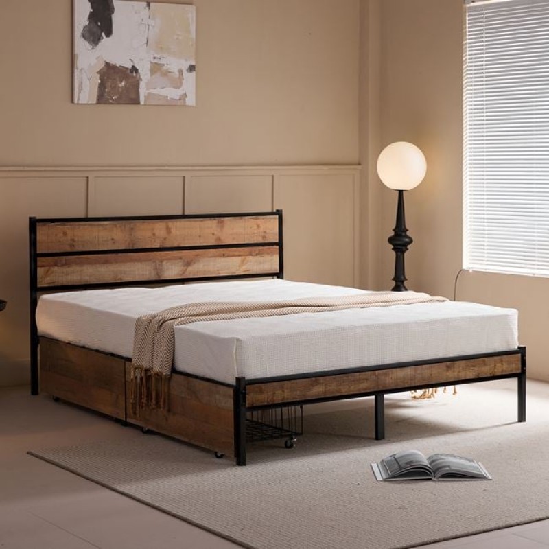 PALLET Κρεβάτι Διπλό-Συρτάρια, για Στρώμα 160x200cm, Μέταλλο Βαφή Μαύρο, Antique Oak Κωδικός: [Ε-00026028] Ε8431,1