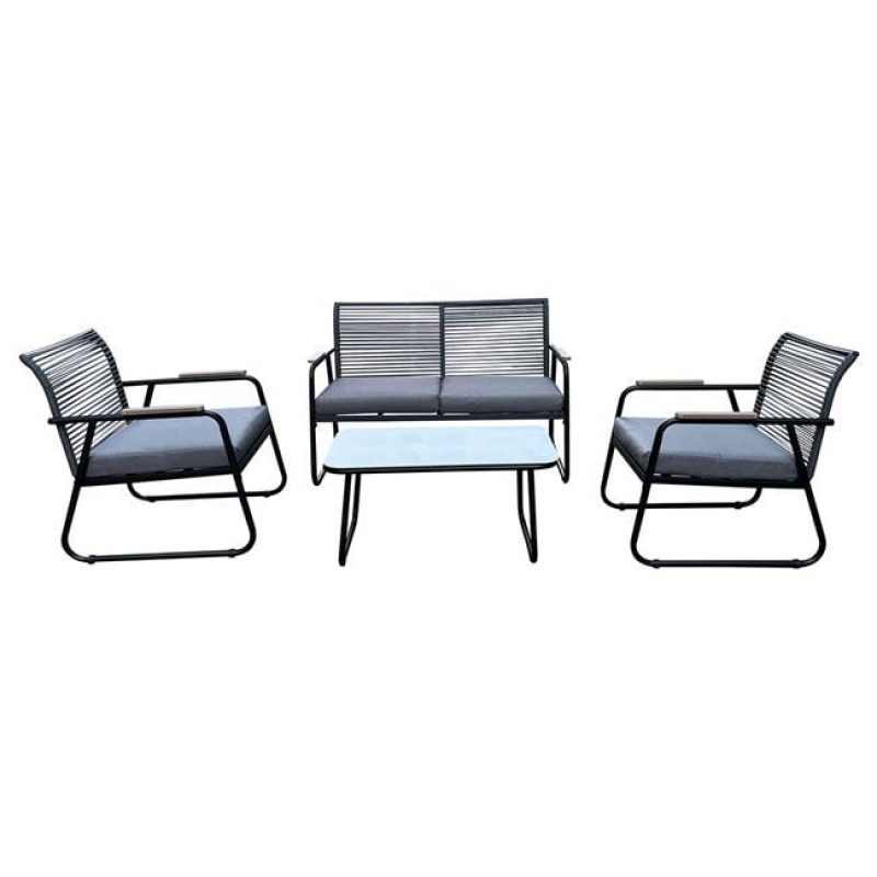 ROCCO Set Σαλόνι Κήπου 4τεμ, Μέταλλο Μαύρο,RopeWicker Γκρι, Μαξιλ.Σκούρο Γκρι, Γυαλί Μαύρο Κωδικός: [Ε-00025916] Ε6873,1