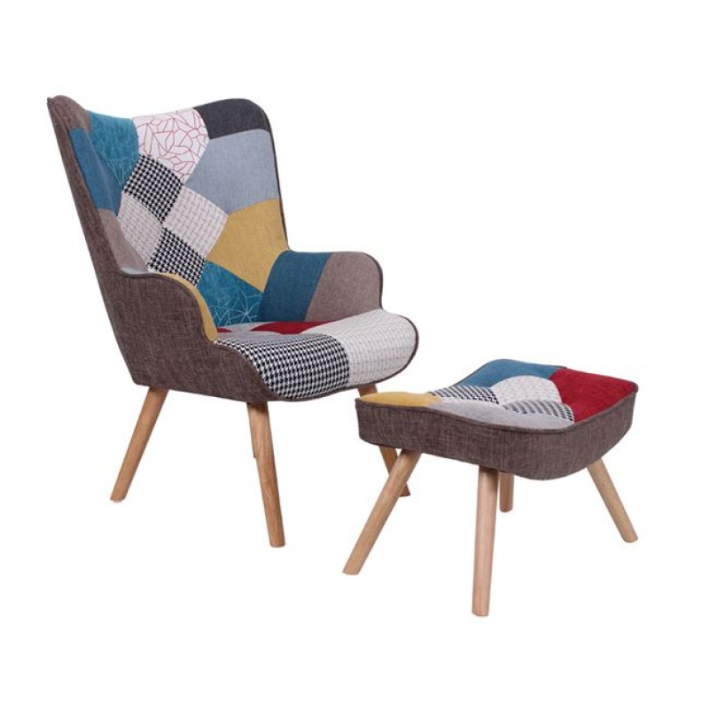 MARON Set: Πολυθρόνα Μπερζέρα + Σκαμπό Υποπόδιο, Ξύλο Φυσικό, Ύφασμα Patchwork Κωδικός: [Ε-00020407] ΕΜ143,4S
