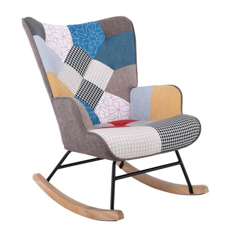 ALMA Rocking Πολυθρόνα Μπερζέρα Καθιστικού, Ύφασμα Patchwork, Βάση Μαύρο-Φυσικό Κωδικός: [Ε-00024502] Ε7143,4