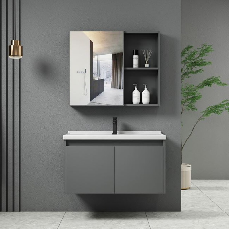 IDEA-1 Set Έπιπλο Κρεμαστό Μπάνιου Γκρι, Καθρέπτης + Πάγκος με Νιπτήρα και Μπαταρία Κωδικός: [Ε-00025548] ΕΝ100,3