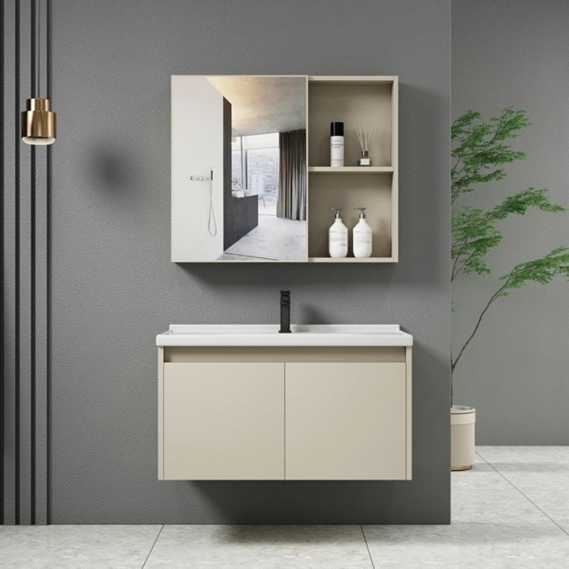 IDEA-1 Set Έπιπλο Κρεμαστό Μπάνιου Cream, Καθρέπτης + Πάγκος με Νιπτήρα και Μπαταρία Κωδικός: [Ε-00025547] ΕΝ100,2