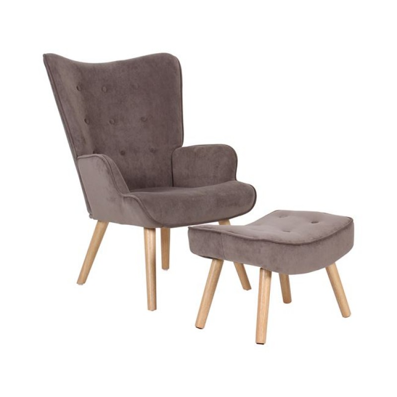 ALMA Πολυθρόνα - Μπερζέρα με Σκαμπό - Υποπόδιο Φυσικό Ύφασμα Velure Καφέ, K/D Κωδικός: [Ε-00021804] Ε7141,8