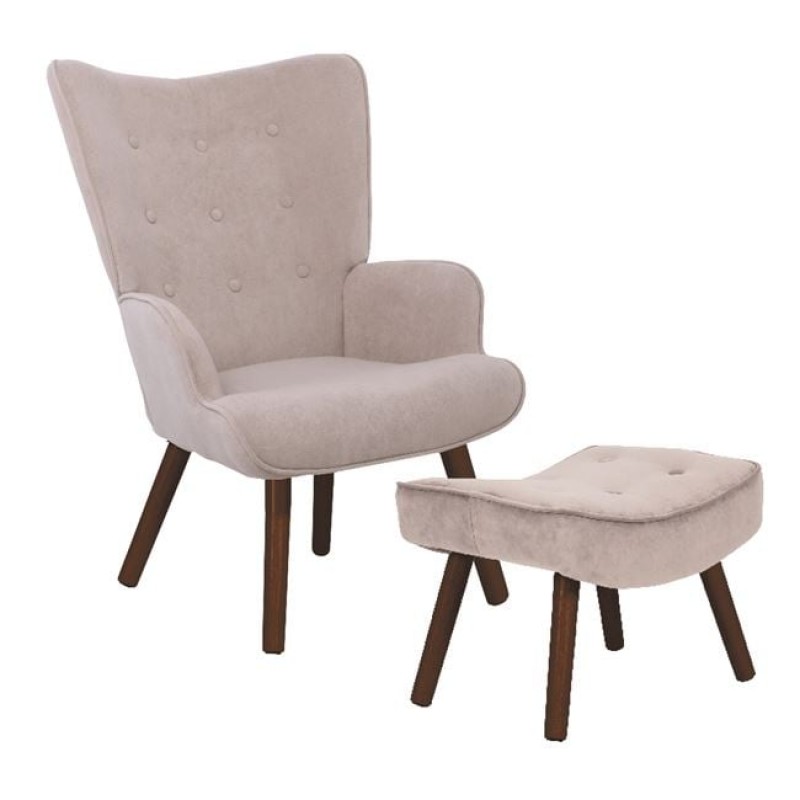 ALMA Πολυθρόνα - Μπερζέρα με Σκαμπό - Υποπόδιο Καρυδί Ύφασμα Velure Ανοιχτό Καφέ,K/D Κωδικός: [Ε-00022980] Ε7141,2Κ