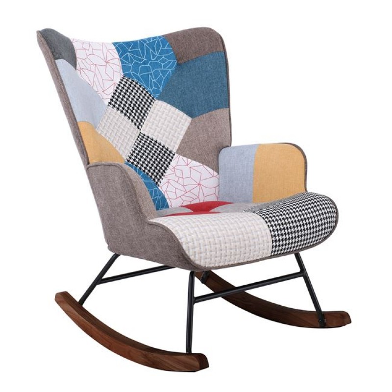 ALMA Rocking Πολυθρόνα Μπερζέρα Καθιστικού, Ύφασμα Patchwork, Βάση Μαύρο-Καρυδί Κωδικός: [Ε-00026083] Ε7143,4Κ