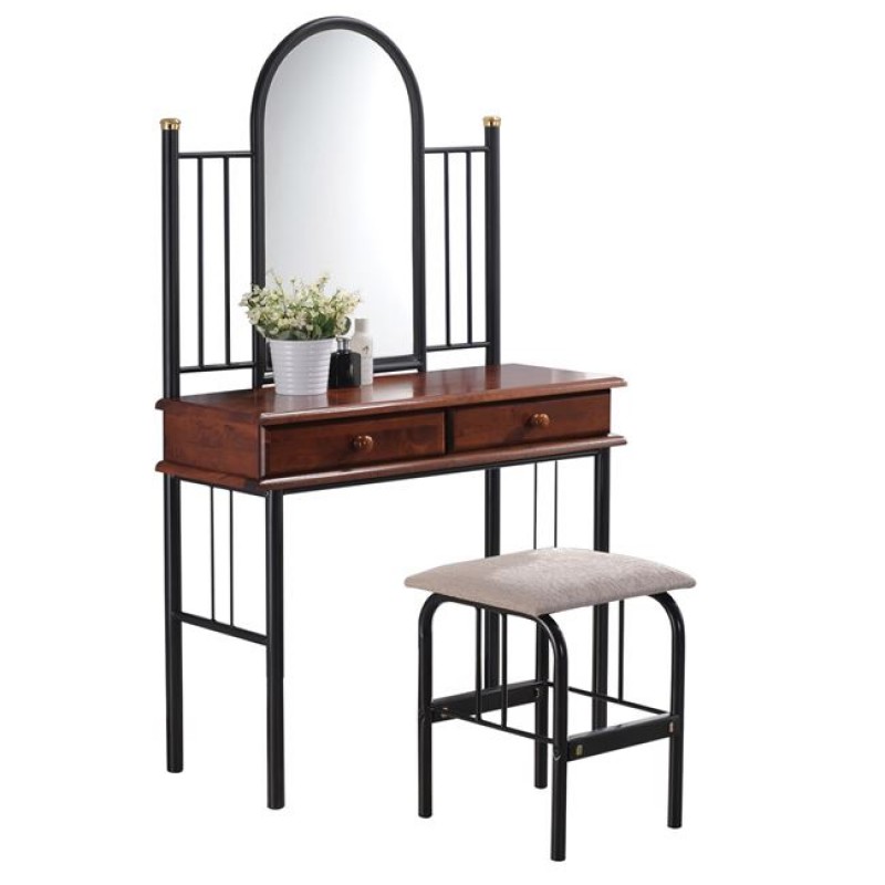 FLORA SET Τουαλέτα με Καθρέπτη + Σκαμπό 2 Συρτάρια, Μέταλλο Βαφή Μαύρο, Ξύλο Καρυδί Κωδικός: [Ε-00011046] Ε8028