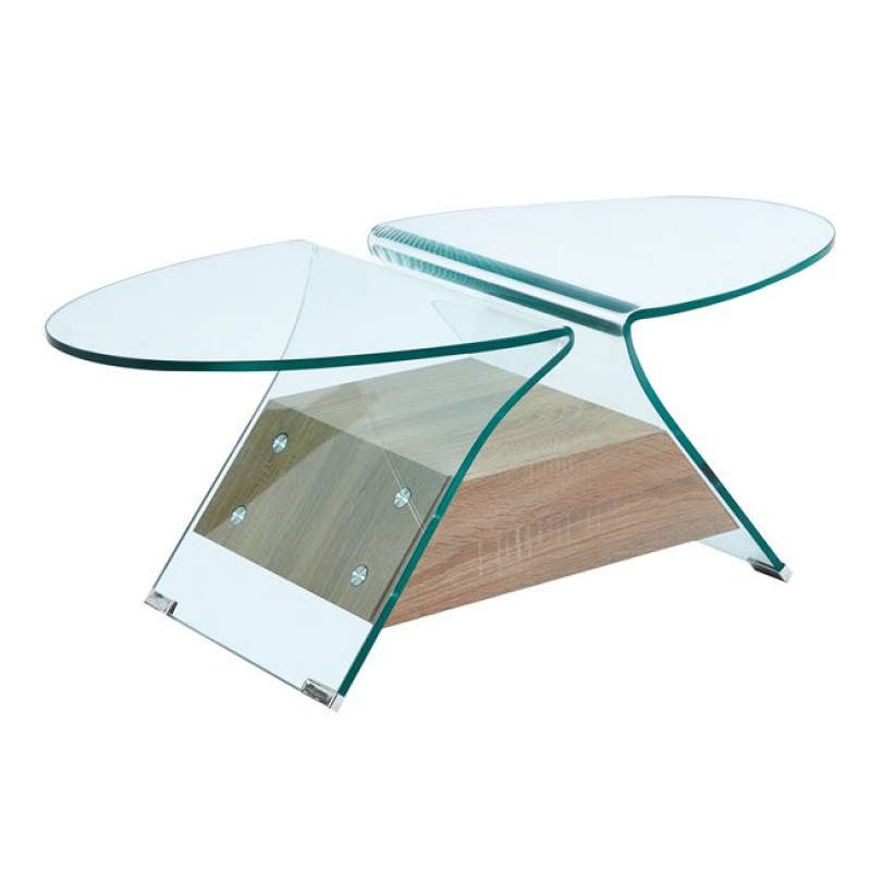 GLASSER Wood Τραπεζάκι Σαλονιού Oval, Διάφανο Γυαλί 12mm, Ράφι Απόχρωση Δρυς Κωδικός: [Ε-00025639] ΕΜ721,1