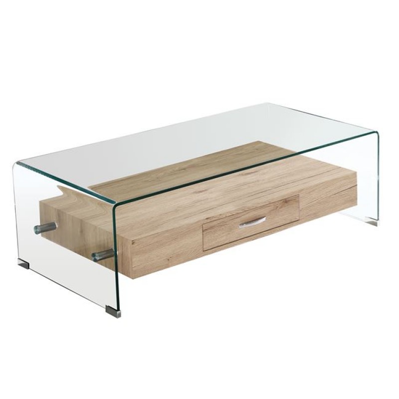 GLASSER Wood Τραπεζάκι Σαλονιού Γυαλί 12mm - Ράφι με Συρτάρι Απόχρωση Δρυς Κωδικός: [Ε-00018060] ΕΜ738