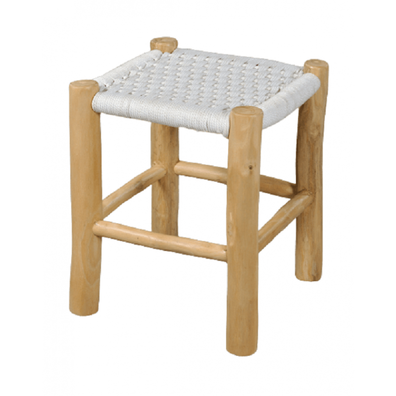 Σκαμπό χειροποίητο από φυσικό μασίφ ξύλο και λευκό σχοινί - 38x38x45 cm JKG 123372