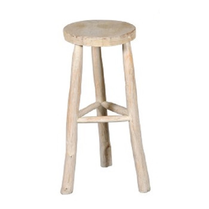 JK 131300 σκαμπό στρογγυλό  από μασίφ λεπτούς κορμούς teak σε white wash απόχρωση (Φ35Χ50 ύψος)