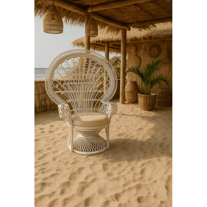 Πολυθρόνα Peacock με μαξιλάρι απο φυσικό Rattan σε λευκή απόχρωση – 304461 W/W  Διάσταση προϊόντος : 110X55X145H