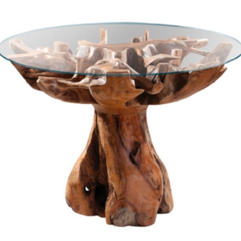 JK 131089 Τραπέζι Φ 140Χ75 cm από μασίφ φυσική ρίζα suar με γυάλινη επιφάνεια