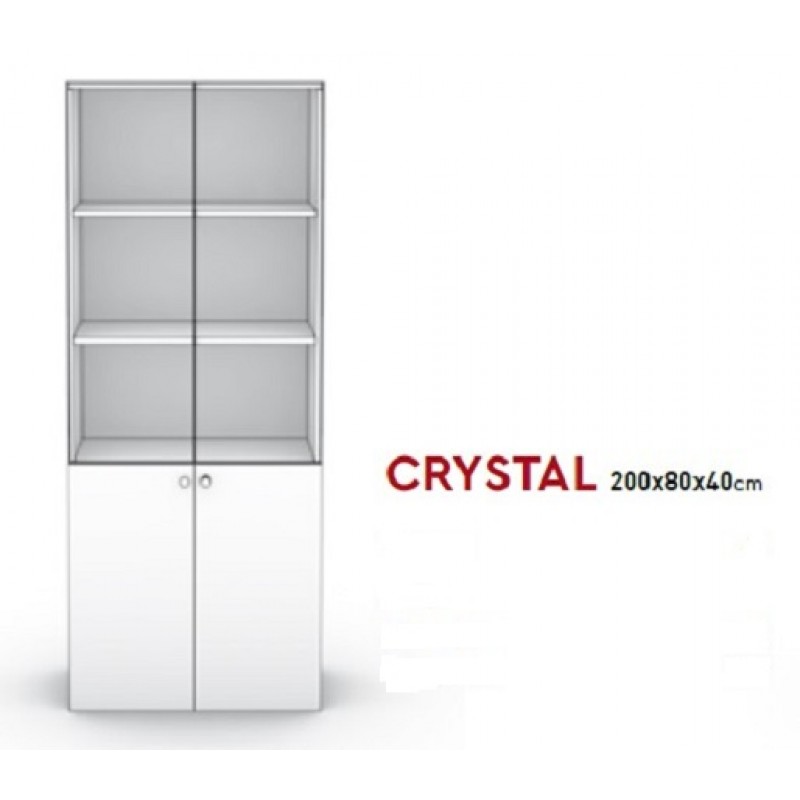 KOM CRYSTAL - Βιβλιοθήκη  Δίφυλλη 200X80X40εκ  Με 2 γυάλινες πόρτες + 2 πόρτες στο κάτω μέρος 