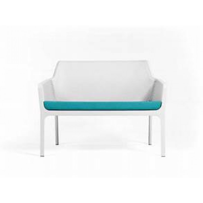 NET BENCH WITH CUSHION   40338.00.000  Παγκάκι Κήπου   λευκό - μαξιλαρι τιρκουαζ   36338.00.072   Διαστάσεις :116 x 70 x 86 cm