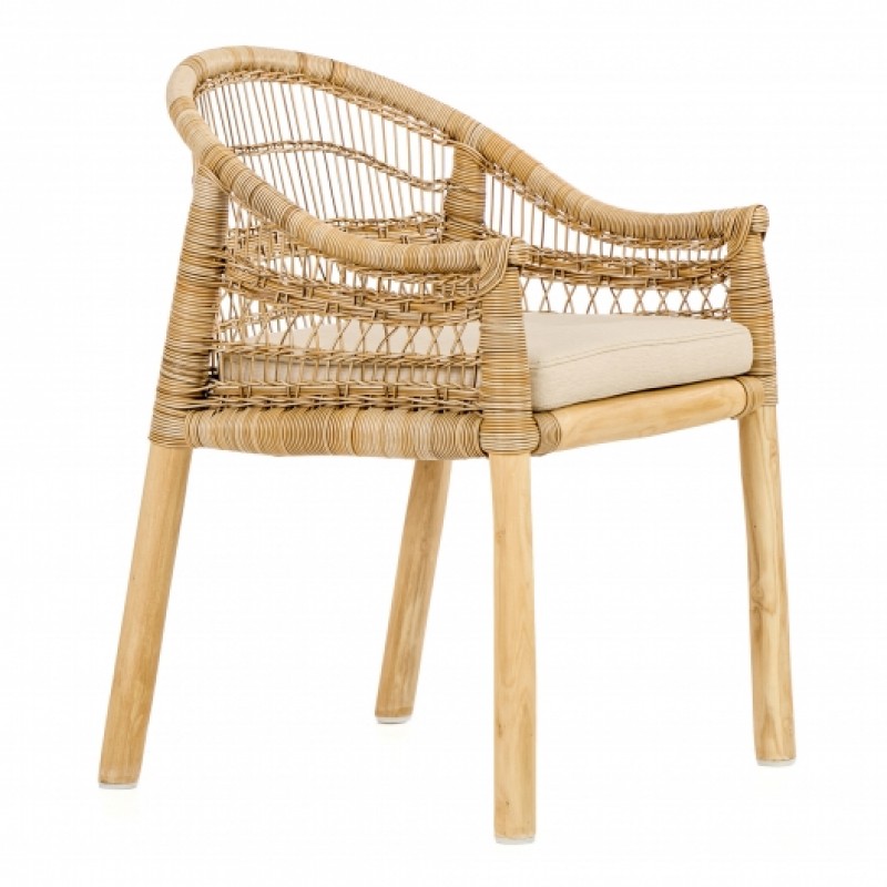 SUN 003  Πολυθρόνα φαγητού από ξυλο teak - rattan  με μαξιλαρι  - Ύψος: 89cm Μήκος: 59cm Βάθος: 67cm   