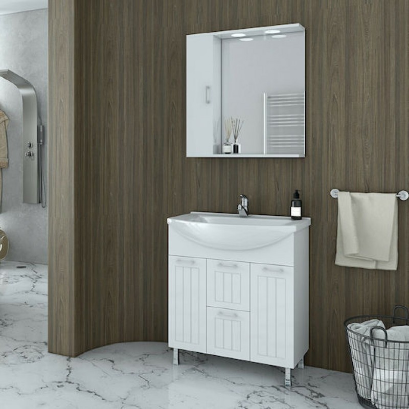 Drop Ritmo 75 Πάγκος με Νιπτήρα & Καθρέπτη Γυαλιστερή Λάκα Μ72xΒ34xΥ80cm Λευκός 5PRT075WH