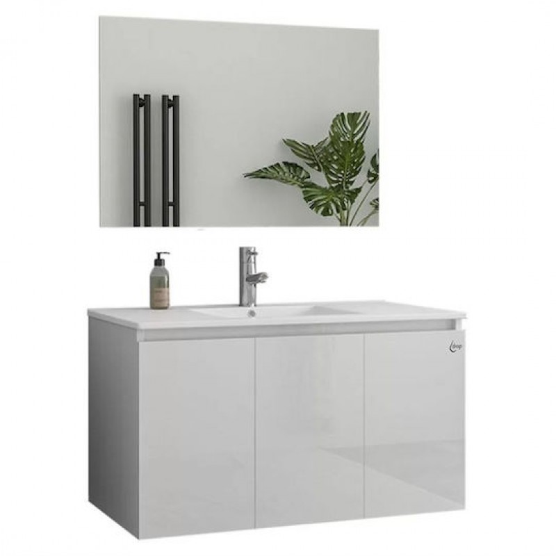 Drop Verona 90 Slim Πάγκος με Νιπτήρα & Καθρέπτη με Φως Γυαλιστερή Λάκα Μ90xΒ45xΥ50cm Λευκό