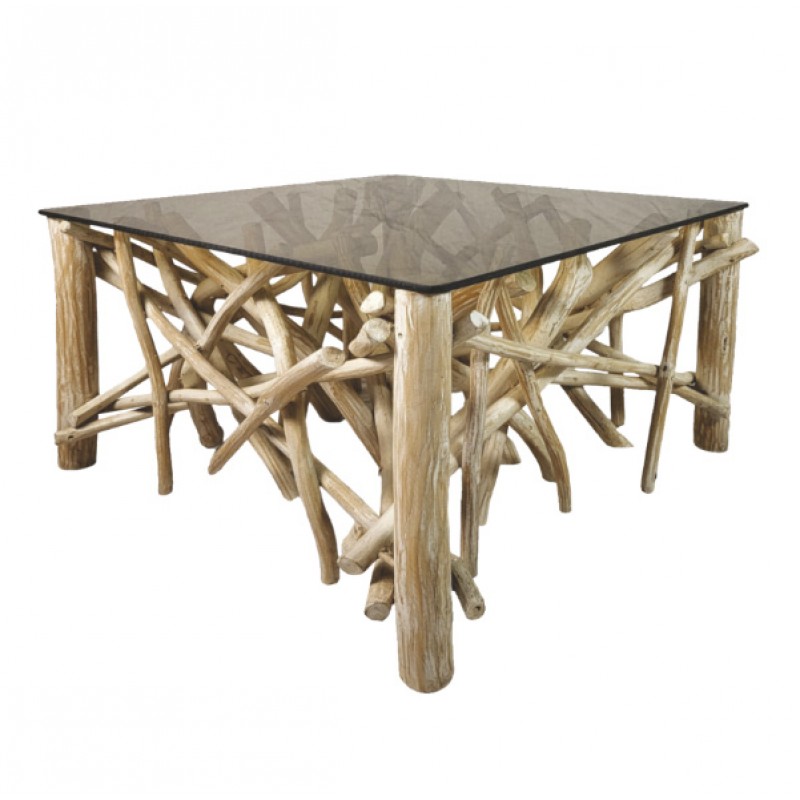 Τ-3751  Τραπέζι σαλονιού με εντυπωσιακό σχέδιο από κλαδιά και τζάμι στην επιφάνεια.  60x60x45cm 