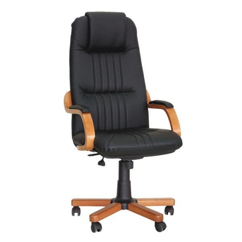  Π700  Πολυθρόνα γραφείου  με μαυρη δερματίνη -  μηχανισμό synchro  και ξύλινα μπράτσα 52*52*112-122cm.