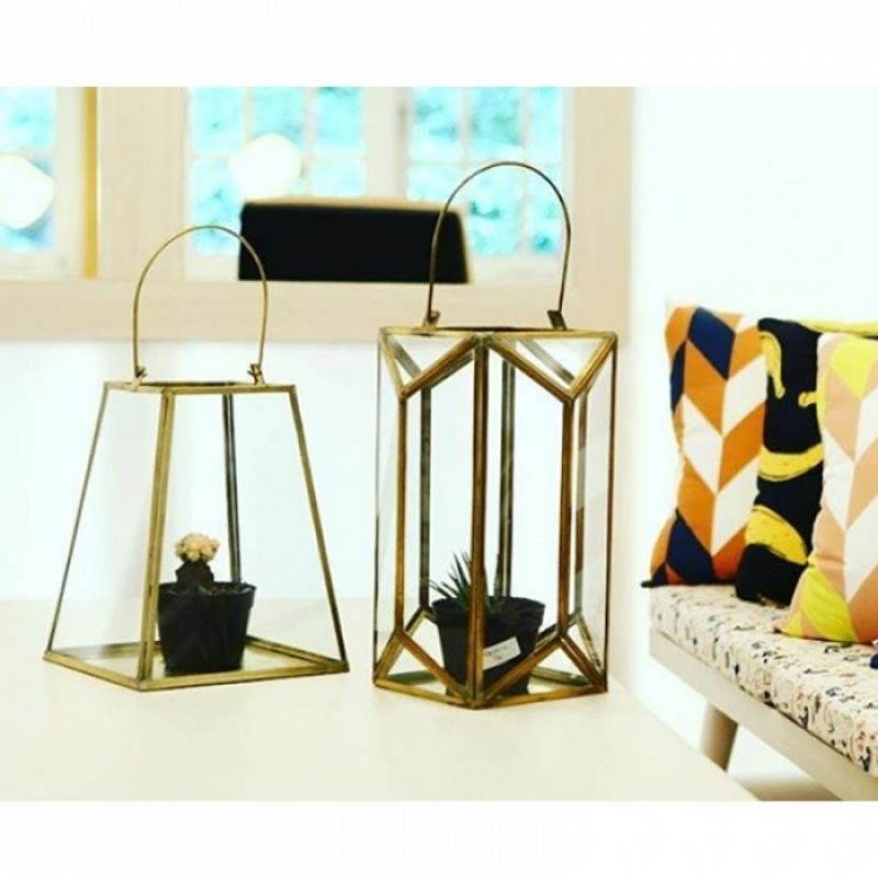 ΦΑΝΑΡΙ ΒRΑSS DΙΑΜΟΝD  - Φανάρι πολύγωνο από μπρούντζο και γυαλί  (Μήκος 11,5 x Ύψος: 23 cm )