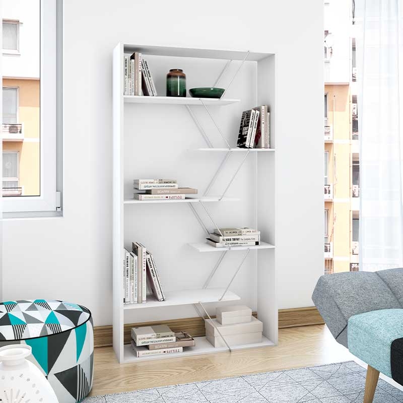 Βιβλιοθήκη TARS pakoworld  χρώμα λευκό με λεπτομέρειες χρωμίου 84x24x157εκ