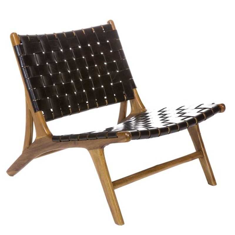 Πολυθρόνα Σαλονιού ROXY από μαύρη δερματίνη και ξύλο teak.Διαστάσεις: 65x65x70