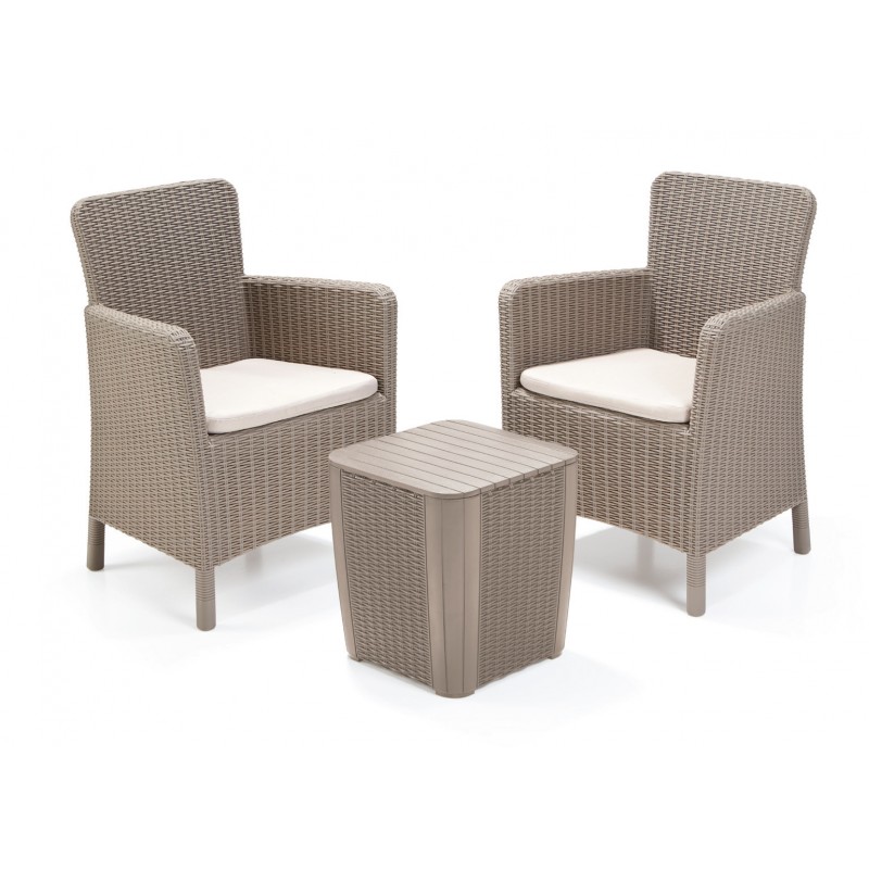 Allibert Trenton Σετ κήπου wicker 1 τραπέζι και 2 πολυθρόνες Καπουτσίνο με μπεζ μαξιλάρια