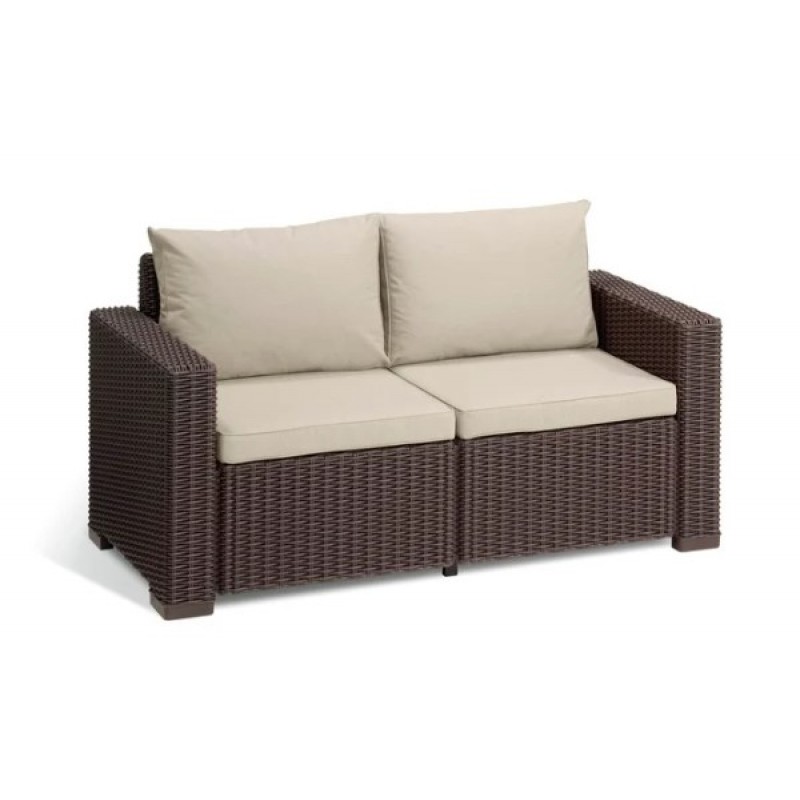 Διθέσιος καναπές 'California' από πολυπροπυλένιο με καφέ round wicker πλέξη και μαξιλάρια 141x68x72