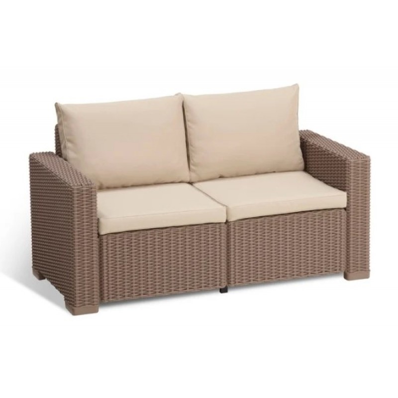 Διθέσιος καναπές 'California' από πολυπροπυλένιο με καπουτσίνο round wicker πλέξη και μαξιλάρια 141x68x72