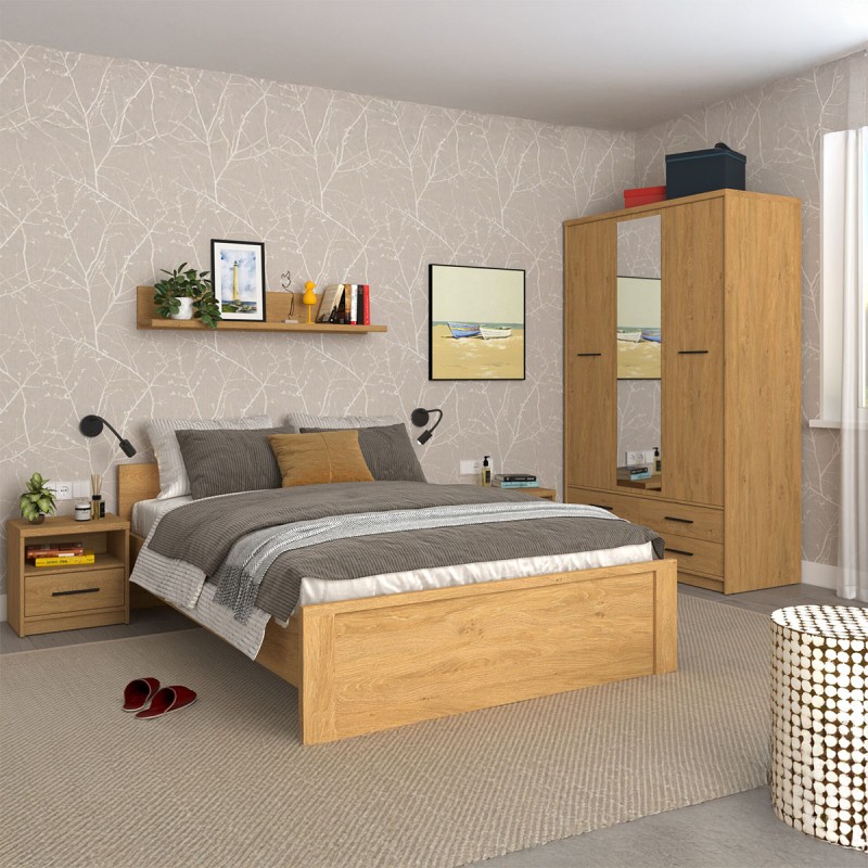 Σετ Κρεβατοκάμαρας 4 τεμ Κρεβάτι Διπλό + Ντουλάπα + Πάτωμα+ Ράφι + Κομοδίνο Βελανιδιά 160x200