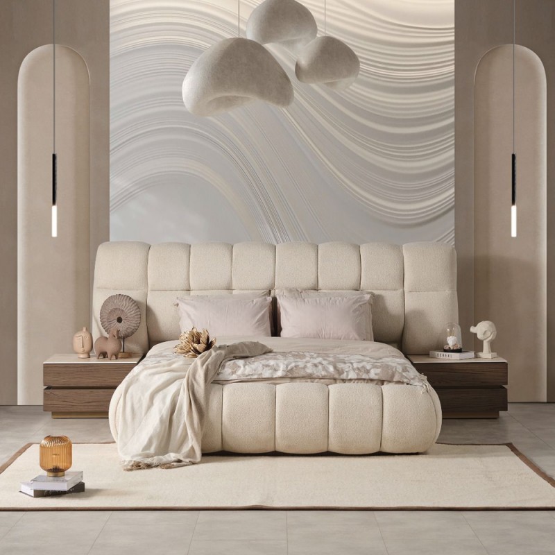 Artekko Midnight Εκρού Υφασμάτινο Διπλό Κρεβάτι (260x230x125)cm για Στρώμα(180x200) MDF 2pcs Κομοδίνα (65x48x40)cm Ντουλάπα με Καθρέπτη και Φωτισμό (270x63x230)cm Συρταριέρα (160x48x78)cm και Καθρέπτη (90x90x5)cm