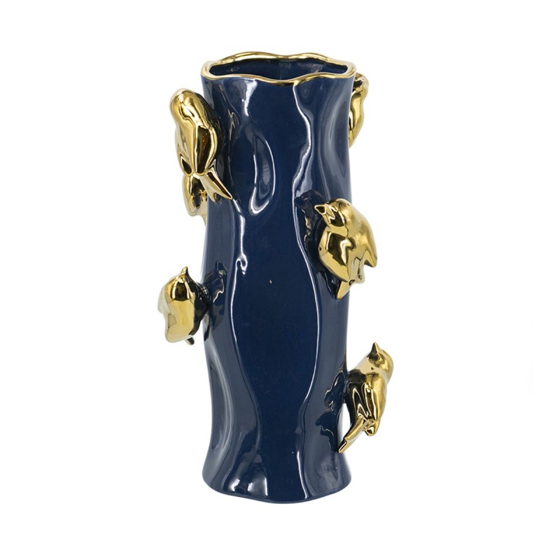 Artekko Bird Μπλε Κεραμικό Βάζο με Χρυσά Πουλιά (20.5x20.5x39.5)cm