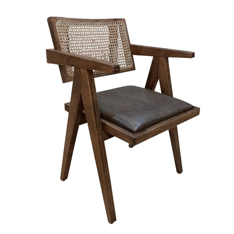 Artekko Suva Rattan Καρέκλα με Καφέ Ξύλινο Σκελετό με Ψάθα και Καφέ Τεχνόδερμα (52x55x80)cm