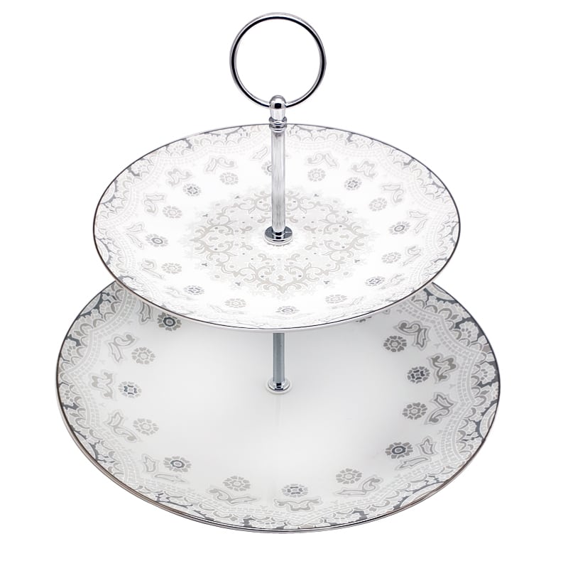 Πιατέλα 27cm διόροφη στρογγυλή για κεράσματα γκρι σχέδια TC-12149S  1*10,5''/1*7,5''