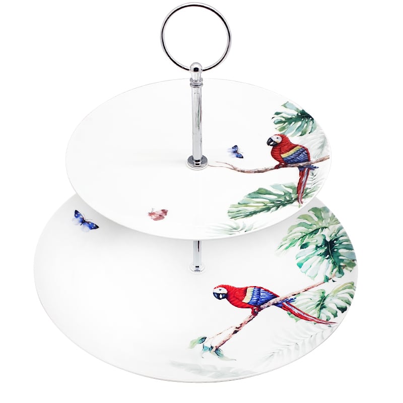Πιατέλα 27cm διόροφη στρογγυλή για κεράσματα σχέδιο παπαγάλοι TC-4573 1*10,5''/1*7,5''
