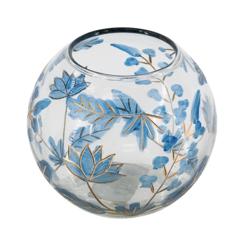 Artekko Aphelios Διάφανο Γυάλινο Βάζο Διακοσμημένο με Μπλε Λουλούδια (14x14x12.5)cm