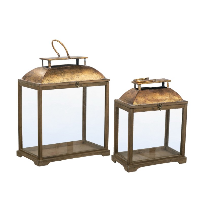 Artekko Lantern Καφέ Διακοσμητικά Φανάρια από Ξύλο Ελάτης με Χρυσές Λεπτομέρειες (48.6x26.7x57.1)cm (35.5x43.8x20.3)cm 2pcs