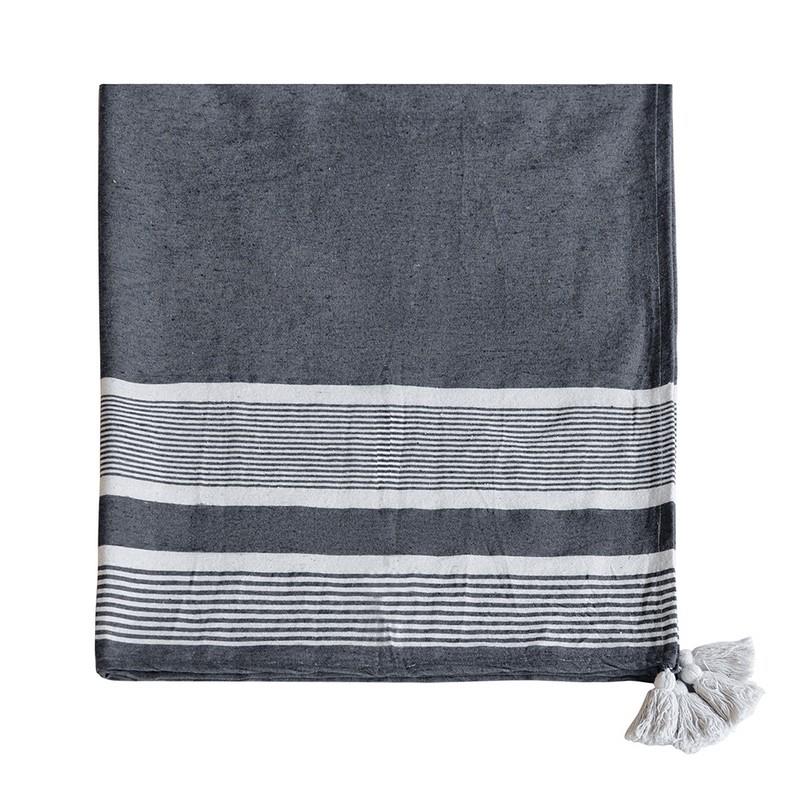 Artekko Blanket Ριχτάρι με Λευκές Φούντες 80% Βαμβάκι Γκρι Σκούρο Λευκό (152.4x127x0.6)cm