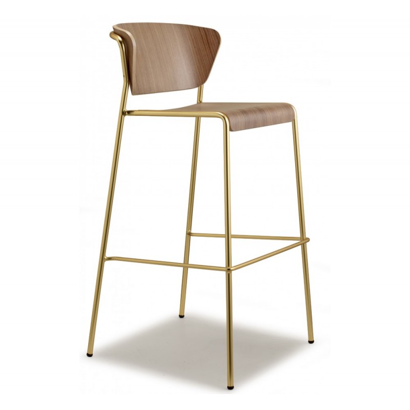 Lisa art.2854 ξύλινο σκαμπό (h75) OS - Satin brass finish steel 50x50x99(75)cm  -χρωμα καρυδι καθισμα - σκελετος μεταλλικος χρυσος 