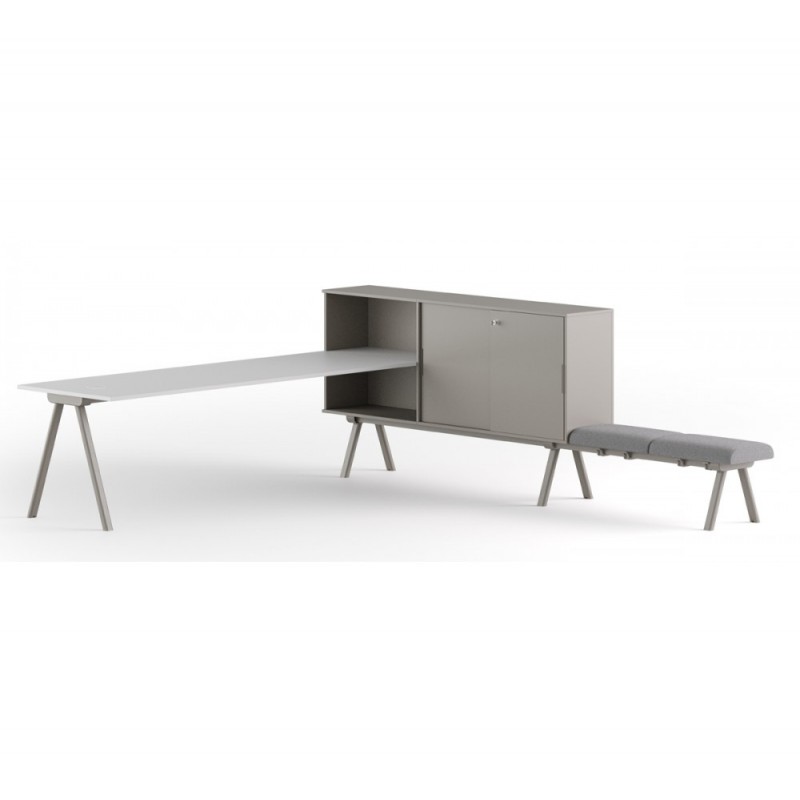 Workstation 2027 γραφείο με πάγκο υλικό mdf με τεχνοδερμα γκρί  220(180)x320x109(80)cm