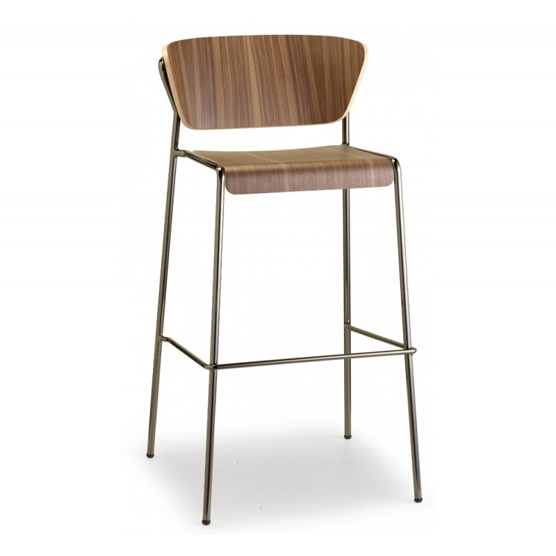 Lisa art.2854 ξύλινο σκαμπό (h75) OS - Satin brass finish steel 50x50x99(75)cm  -χρωμα καρυδι καθισμα - σκελετος μεταλλικος χρυσος 