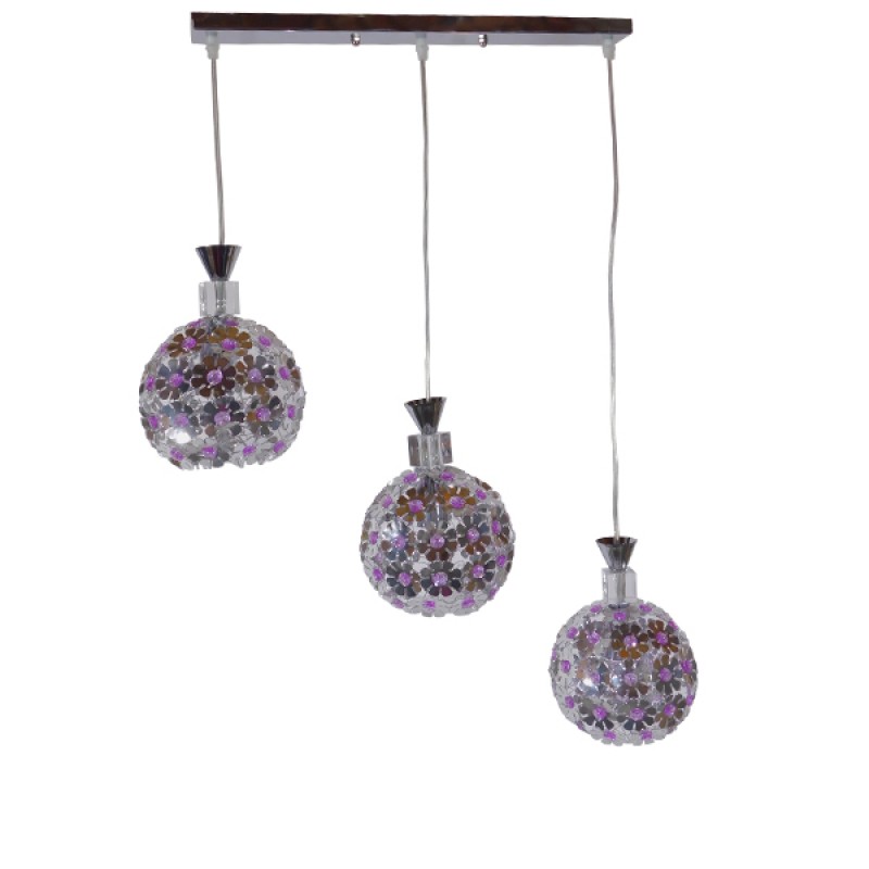 GLOBOSTAR® BOUQUET 01249 Μοντέρνο Κρεμαστό Φωτιστικό Οροφής με Ντουί 3 x E27 AC 220-240V IP20 - Ασημί & Μωβ - Μ66 x Π18 x Υ24cm