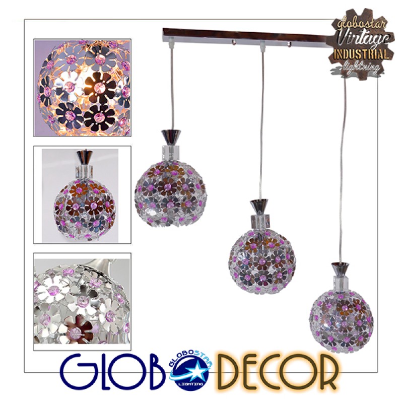 GLOBOSTAR® BOUQUET 01249 Μοντέρνο Κρεμαστό Φωτιστικό Οροφής με Ντουί 3 x E27 AC 220-240V IP20 - Ασημί & Μωβ - Μ66 x Π18 x Υ24cm