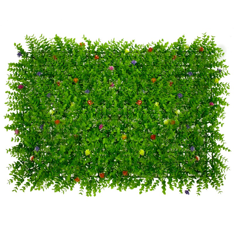 GLOBOSTAR® BUXUS 78408 Τεχνητό Πάνελ Φυλλωσιάς / Κάθετος Κήπος Καυκάσιο Πυξάρι & Πολύχρωμα Λουλούδια - Πράσινο - Μ60 x Π8 x Υ40cm