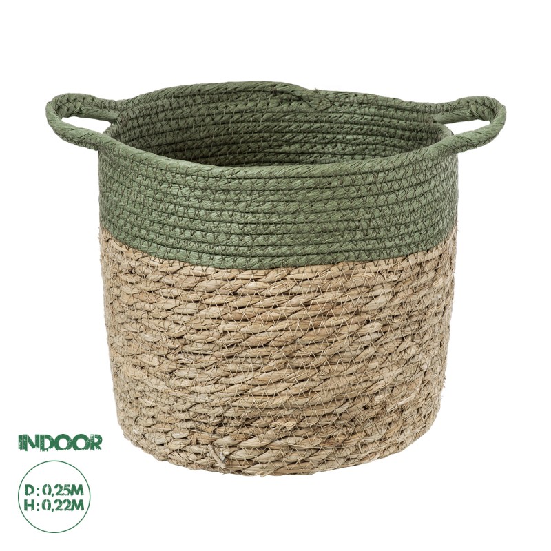 GloboStar® Artificial Garden SERIFOS 20326 Διακοσμητικό Πλεκτό Καλάθι - Κασπώ Γλάστρα - Flower Pot Μπεζ με Κυπαρισσί Φ25cm x Υ22cm