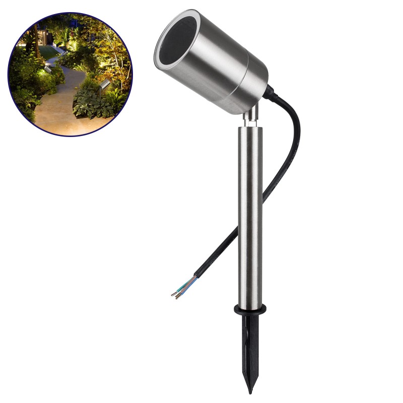 GLOBOSTAR® GARDEON 75580 Φωτιστικό Σποτ για Φυτά - Δέντρα με Βάση Κήπου / Καρφωτό για Λάμπα MR16 με Ντουί GU10 AC 220-240V Αδιάβροχο IP67 - Νίκελ Χρώμιο - Μ6 x Π6 x Υ43.5cm