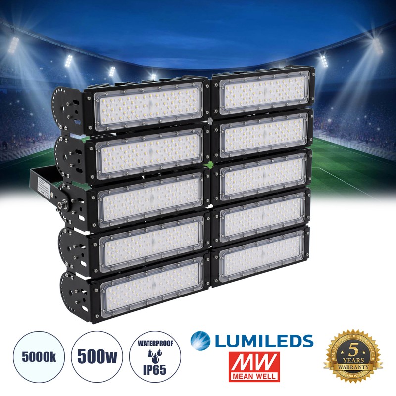 GLOBOSTAR® GOLIATH 90104 Προβολέας για Γήπεδα Tennis & Ποδοσφαίρου 5x5 LED 500W 75000lm 75°x135° SDCM<5 Fish Eye Lens AC 220-240V Αδιάβροχο IP65 IK08 Φυσικό Λευκό 5000K - Lumileds SMD Chip & Mean Well Driver - Μαύρο Ματ - Μ62 x Π22 x Υ45cm - 5 Χρόνια Εγγύ