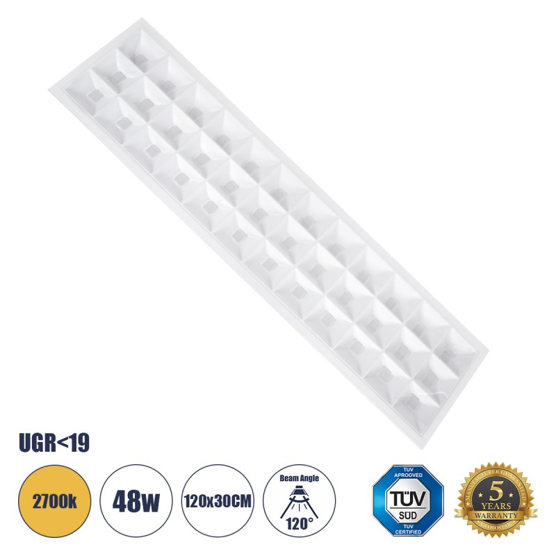 GLOBOSTAR® ZEUS 60973 Χωνευτό Panel Οροφής 120x30 με Anti Glare Reflector LED 48W 6960lm 120° CRI≥85Ra UGR<19 AC 220-240V IP20 Θερμό Λευκό 2700K - Lumileds SMD Chip & TÜV SÜD Driver - Λευκό Γαλακτερό - Μ120 x Π30 x Υ3.3cm / Q116 x 26cm - 5 Χρόνια Εγγύηση